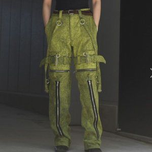 KIDILL green acid wash pants, Zip Denim Pants(Chemical Wash)